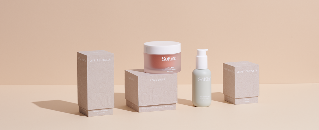 Emballages cosmétiques SoKind cohérents sur les lignes Little Miracle, Love Lines et Velvet Droplets